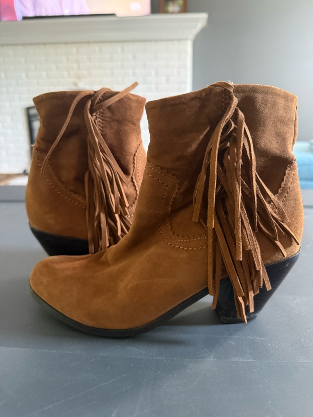 Sam Edelman Suede Fringe Ankle Boots - Cognac Brown - Picture 1 of 3